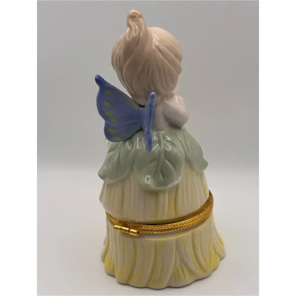 Vintage Porcelain Pixie or Fairy Hinged Trinket Box in Petal-Shaped Dress